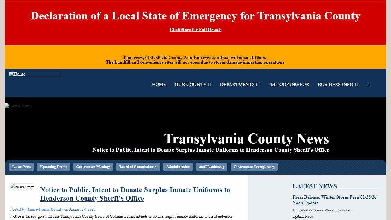 Notice to Public, Intent to Donate Surplus Inmate Uniforms to Henderson County Sherff's Office Transylvania County